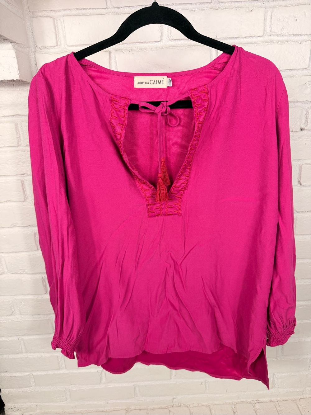 Johnny Was Calmé Pink Silk Blend Tassel Peasant Blouse Boho Top Size S